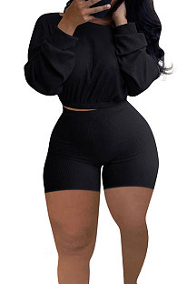 Black Euramerican Women's Trendy Ribber Pure Color Long Sleeve Plus Shorts Sets DG8005-7