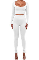 White Women Fashion Solid Color Long Sleeve Square Neck High Waist Long Pants Sets WMDZ834-1