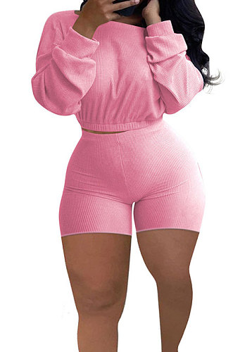 Pink Euramerican Women's Trendy Ribber Pure Color Long Sleeve Plus Shorts Sets DG8005-3