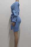 Blue New Knitting Women's Long Sleeve V Neck Bandage Hip Dress SMR5388-2