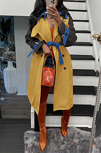Yellow Casual Autumn Winter Spliced Colors Fashion Coat With Belt GLS10057-2