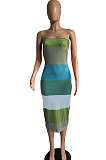 Blue Wuramerican Women's Fashion Casual Color Matching Ribber Strapless Midi Dress AYL2027-3
