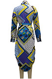 Blue Yellow Multicolor Design Printed Long Sleeve Cardigan Shirt Dress SMR10597-3