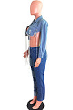 Light Blue Fashion New Long Sleeve Back Chain Jean Coat JLX6922