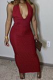Black Women's Fashion Sexy Ribber Backless Pure Color Halter Neck Deep V Collar High Waist Long Dress HAA9023-3