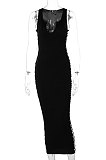 Black Euramerican Pure Color Sleeveless Sexy Fashion V Collar Side Spliced Midi Dress BLG144921-2