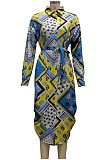 Blue Yellow Multicolor Design Printed Long Sleeve Cardigan Shirt Dress SMR10597-3