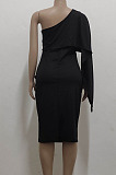 Black Luxe Elegant Oblique Shoulder Collect Waist For Party Plain Dress SMR5396-3