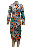 Green Orange Multicolor Design Printed Long Sleeve Cardigan Shirt Dress SMR10597-4