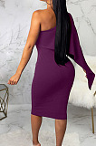Wine Red Luxe Elegant Oblique Shoulder Collect Waist For Party Plain Dress SMR5396-4