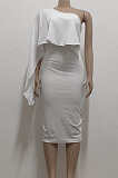 White Luxe Elegant Oblique Shoulder Collect Waist For Party Plain Dress SMR5396-2