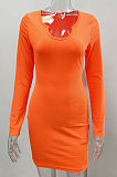 Orange Euramerican Women's Ribber Autumn V Collar Bodycon Sexy Mid Waist Long Sleeve Mini Dress HHX1120-8