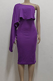 Purple Luxe Elegant Oblique Shoulder Collect Waist For Party Plain Dress SMR5396-1