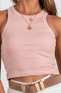 Pink Pure Color Round Neck Tank Tops FYLR207211-2