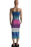 Blue Wuramerican Women's Fashion Casual Color Matching Ribber Strapless Midi Dress AYL2027-3