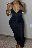 Black Women's Fashion Sexy Ribber Backless Pure Color Halter Neck Deep V Collar High Waist Long Dress HAA9023-3