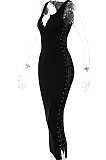 Black Euramerican Pure Color Sleeveless Sexy Fashion V Collar Side Spliced Midi Dress BLG144921-2