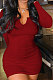 Dark Red Euramerican Women's Ribber Autumn V Collar Bodycon Sexy Mid Waist Long Sleeve Mini Dress HHX1120-9
