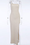 Black Women's Solid Color Split Condole Belt Oblique Shoulder Sexy Bodycon Long Dress CSM23002-2