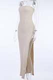 Apricot Women's Solid Color Split Condole Belt Oblique Shoulder Sexy Bodycon Long Dress CSM23002-1