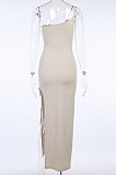 Black Women's Solid Color Split Condole Belt Oblique Shoulder Sexy Bodycon Long Dress CSM23002-2