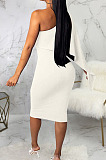 White Luxe Elegant Oblique Shoulder Collect Waist For Party Plain Dress SMR5396-2