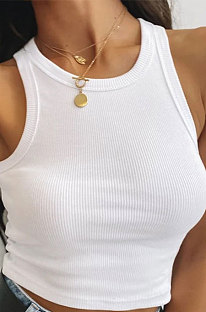White Pure Color Round Neck Tank Tops FYLR207211-1
