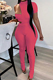 Pink Autumn Solid Color Left Side Short Sleeve Right Side Dew Waist Sleeveless Irregular Strapless Jumpsuits Sets HMA2084-2