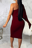 Wine Red Luxe Elegant Oblique Shoulder Collect Waist For Party Plain Dress SMR5396-4
