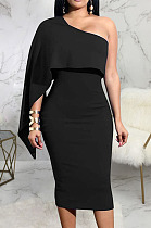 Black Luxe Elegant Oblique Shoulder Collect Waist For Party Plain Dress SMR5396-3