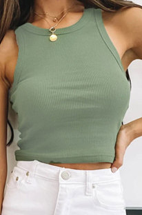 Light Green Pure Color Round Neck Tank Tops FYLR207211-9