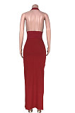 Red Women's Fashion Sexy Ribber Backless Pure Color Halter Neck Deep V Collar High Waist Long Dress HAA9023-1