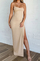 Apricot Women's Solid Color Split Condole Belt Oblique Shoulder Sexy Bodycon Long Dress CSM23002-1