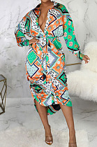 Green Orange Multicolor Design Printed Long Sleeve Cardigan Shirt Dress SMR10597-4