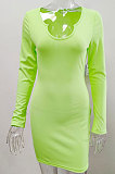 Neon Green Euramerican Women's Ribber Autumn V Collar Bodycon Sexy Mid Waist Long Sleeve Mini Dress HHX1120-5