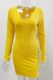 Yellow Euramerican Women's Ribber Autumn V Collar Bodycon Sexy Mid Waist Long Sleeve Mini Dress HHX1120-3