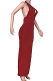 Red Women's Fashion Sexy Ribber Backless Pure Color Halter Neck Deep V Collar High Waist Long Dress HAA9023-1