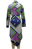 Blue Green Multicolor Design Printed Long Sleeve Cardigan Shirt Dress SMR10597-1