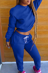 Blue Autumn Winter Long Sleeve Crop Tops Jogger Pants Plain Sport Suit WA77306-1