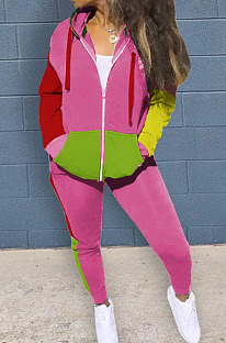 Pink New Women's Spliced Drawstrint Zipper Hoodie Skinny Pants Sport Suit  SZS6054-5