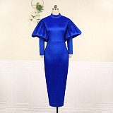 Blue Elegant Bubble Sleeve Women Round Collar Split Party Dress KEN210918-3
