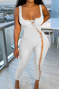 White Casual Ribbed Bandage Tight Solid Hollow Out Sexy Jumpsuit Rompers CYF5245-4