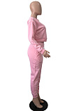 Pink Autumn Winter Long Sleeve Crop Tops Jogger Pants Plain Sport Suit WA77306-5
