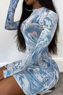 Blue Stand Collar Long Sleeve Euramerican Short Skinny Bodycon Mini Dress HYZY3368-1