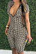 Brown Women Zipper Fashion Printed Bodycon V Nece Casual Jumpsuit Rompers A8601
