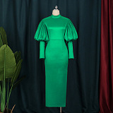 Green Elegant Bubble Sleeve Women Round Collar Split Party Dress KEN210918-2