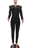 Khaki Wholesale Kintting Long Sleeve Zipper Slim Fitting Plain Hooded Jumpsuits TK6207-3