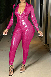 Rose Red Mature Lady Bling Bling V Neck Sexy Bodycon Long Sleeve Jumpsuit SYC3176-3