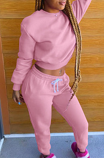 Pink Autumn Winter Long Sleeve Crop Tops Jogger Pants Plain Sport Suit WA77306-5