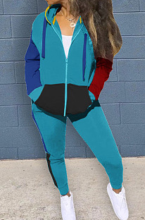 Cyan Blue New Women's Spliced Drawstrint Zipper Hoodie Skinny Pants Sport Suit  SZS6054-1